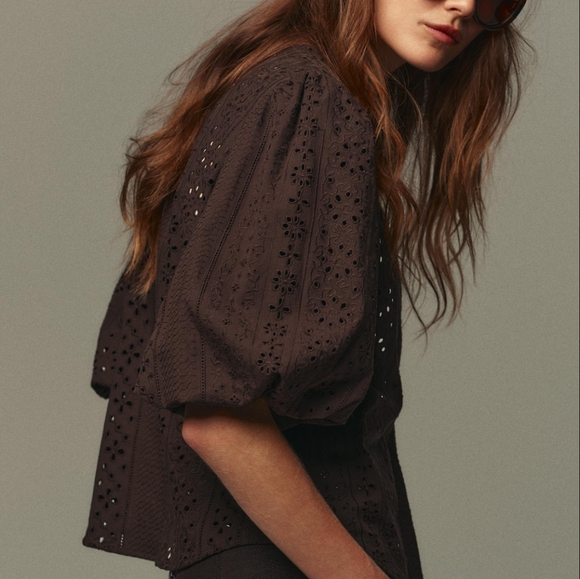 Zara Tops - Zara Dark Brown Eyelet Puff-Sleeve Blouse